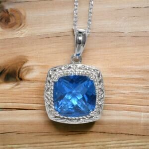 9.75ct Blue Topaz Pendant Necklace 18 Inch 925 Sterling Silver Chain Birthstone